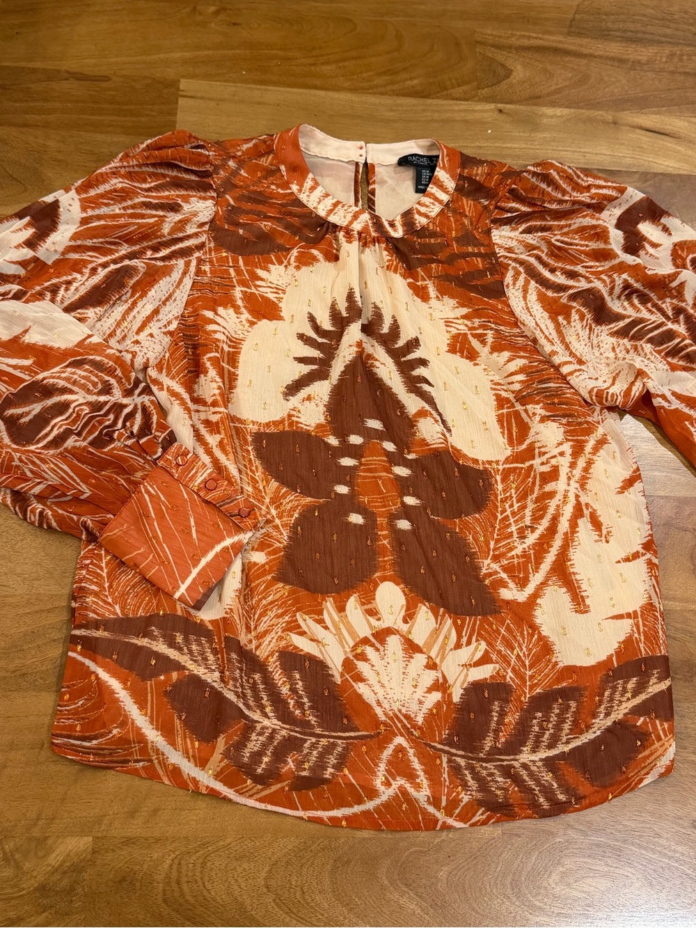 Rachel Zoe Orange and Cream Metallic Accent Flowy Long-Sleeve Blouse Size Medium